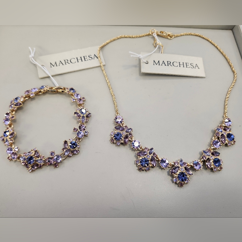 NWT Marchesa Gold-Tone Purple Mixed Crystal Cluster Necklace & Bracelet Set